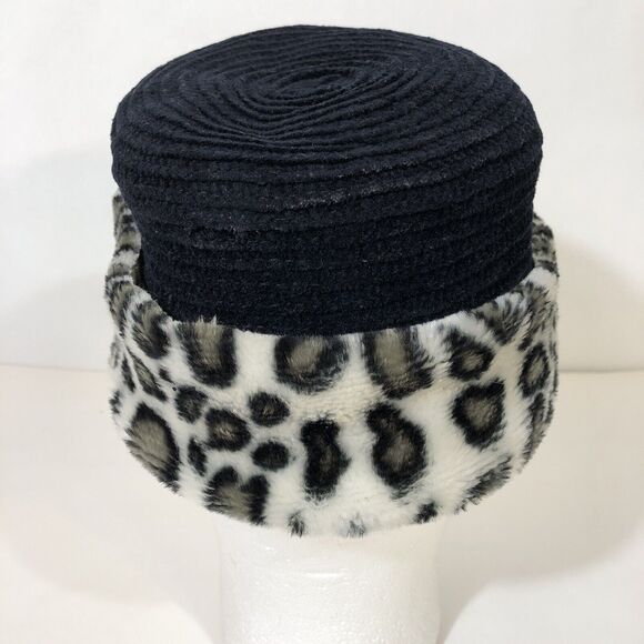 Black Cloche Hat with Faux Fur Brim One Size Velvet Sewn Vintage Gray White - Picture 7 of 9